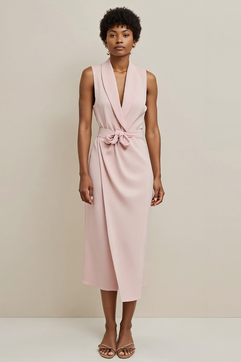 Pink Pencil Satin Shawl Lapel Maxi Work Dress with Sash
