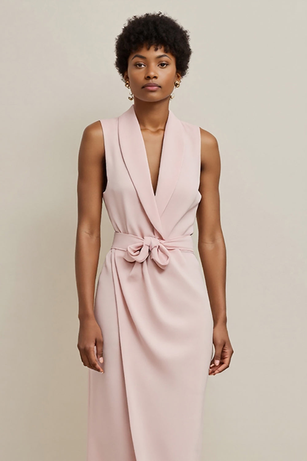 Pink Pencil Satin Shawl Lapel Maxi Work Dress with Sash