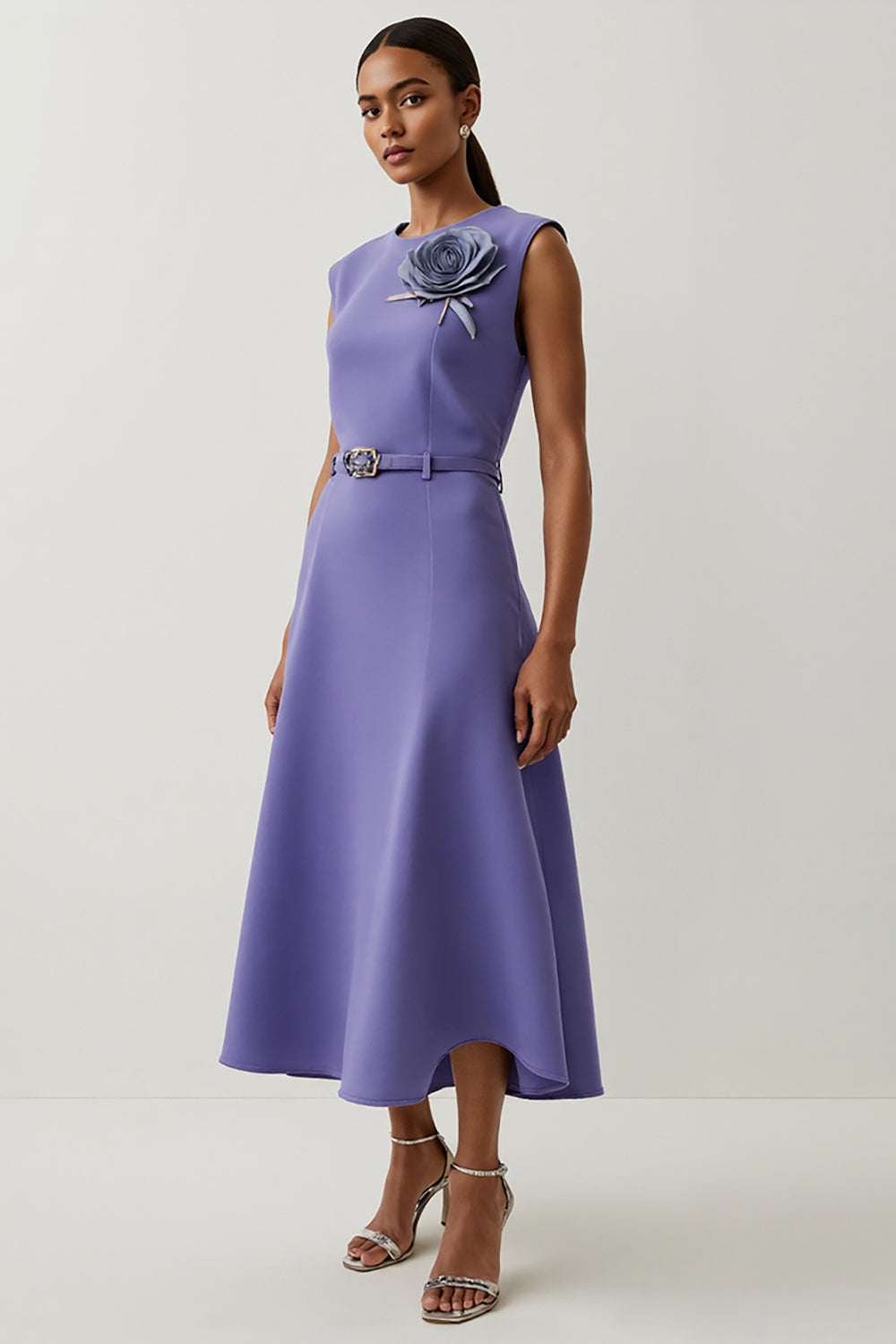 Floral Purple A Line Maxi Satin Work Dress with Belt