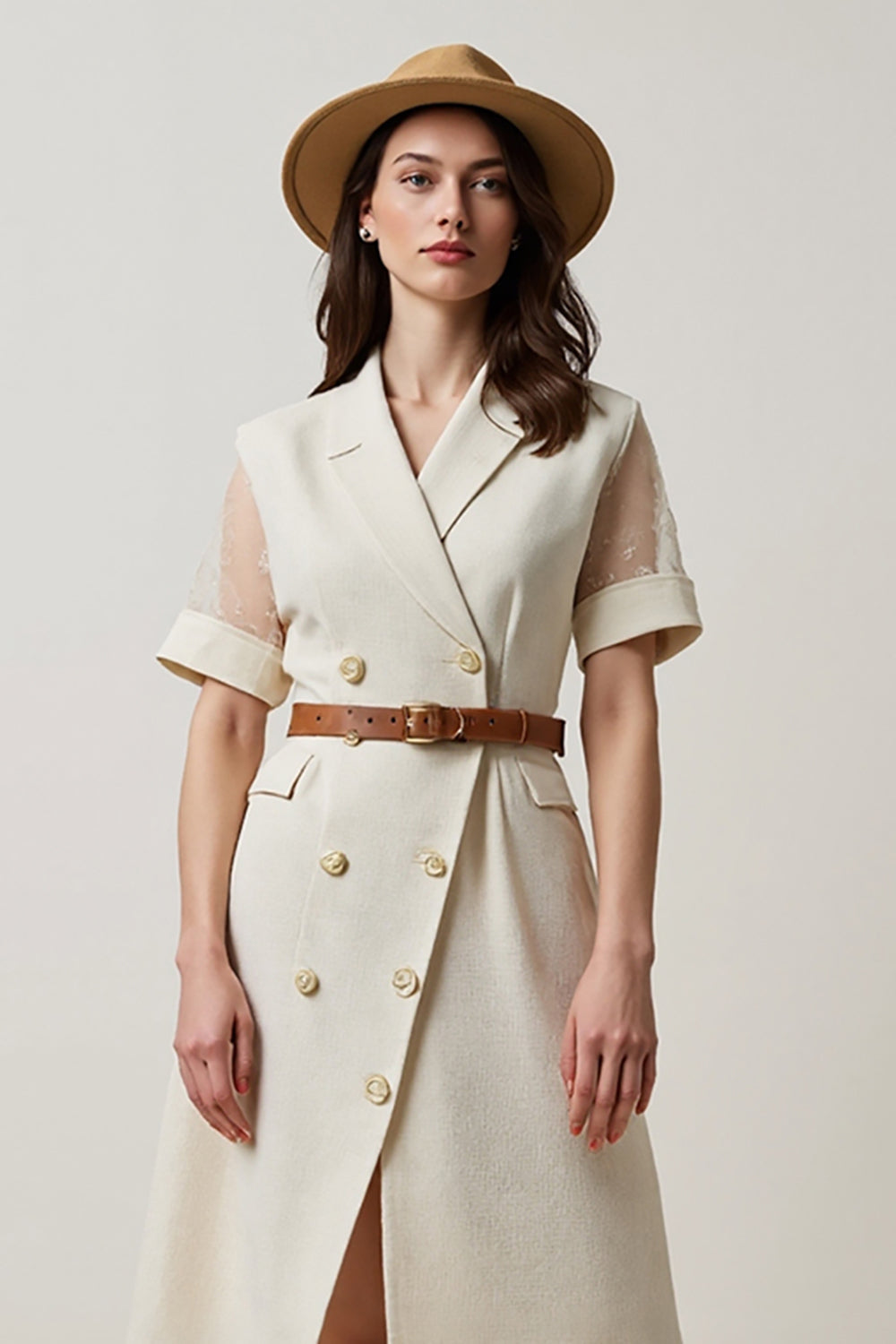 Apricot A Line Short Sleeves Midi Work Blazer Dress with Belt