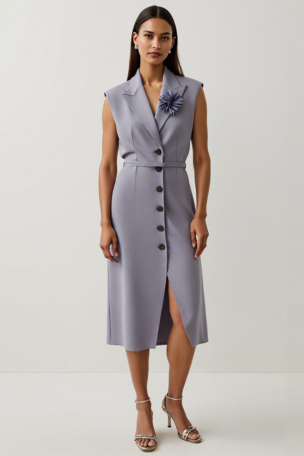 Floral Grey Purple Satin A Line Peak Lapel Midi Blazer Dress