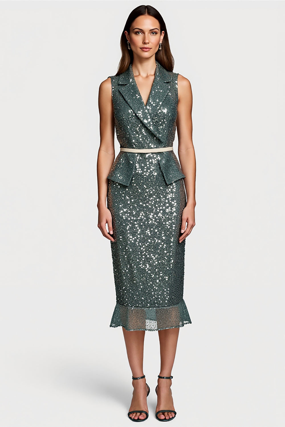 Sparkly Grey Green Sequins Notched Lapel Midi Holiday Party Dress