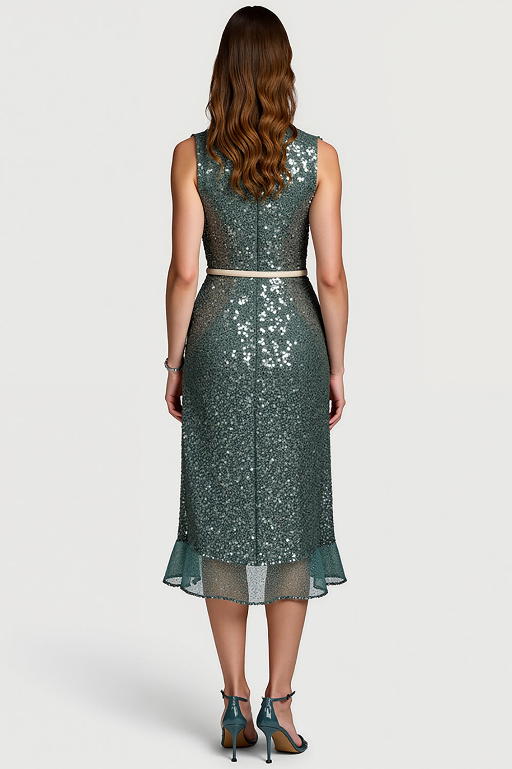 Sparkly Grey Green Sequins Notched Lapel Midi Holiday Party Dress