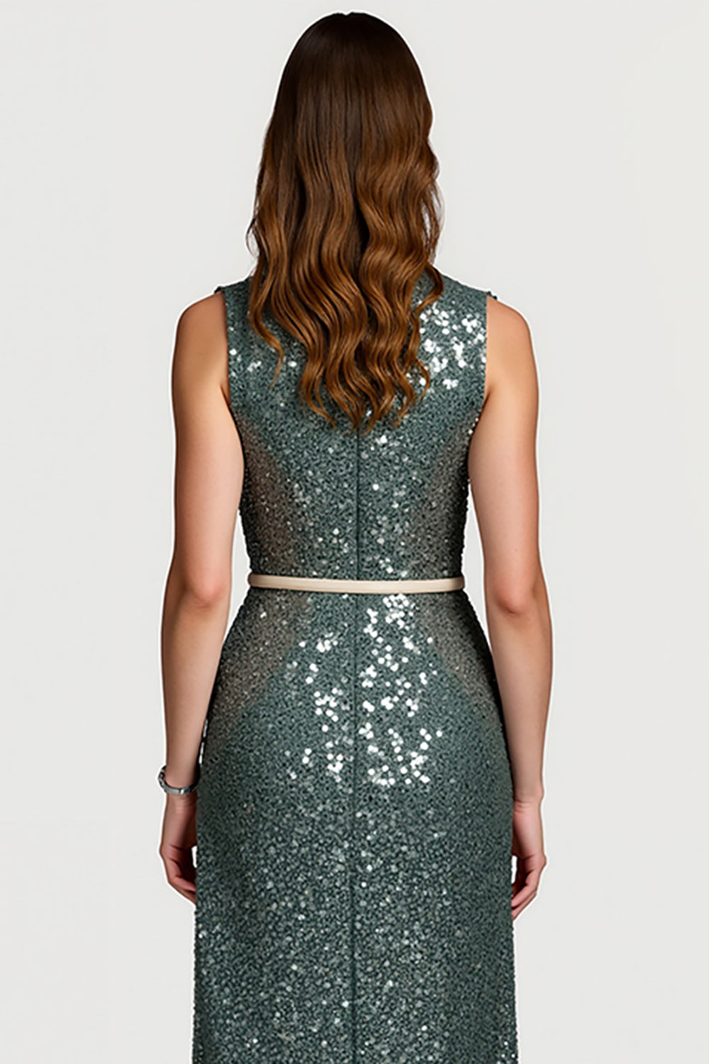 Sparkly Grey Green Sequins Notched Lapel Midi Holiday Party Dress