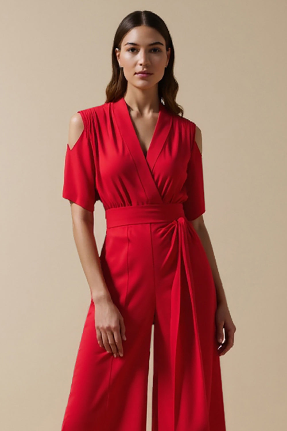 Red V-Neck Cold Shoulder Maxi Work Jumpsuits with Sash