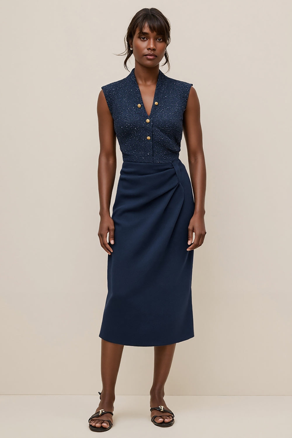 Navy V-Neck Satin Ruched Midi Pencil Work Dress