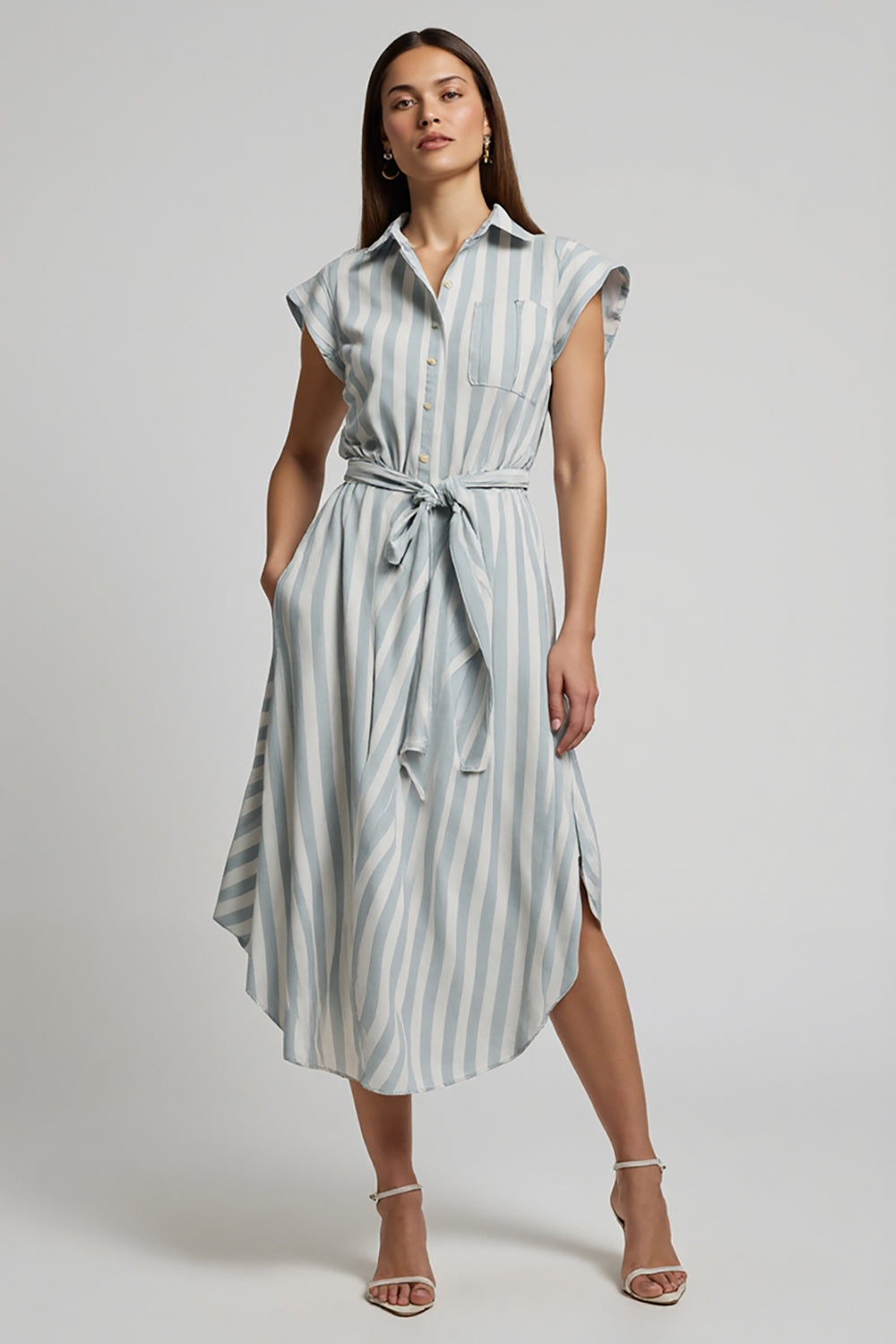 Light Blue Cap Sleeves Midi Striped Work Dress with Sash