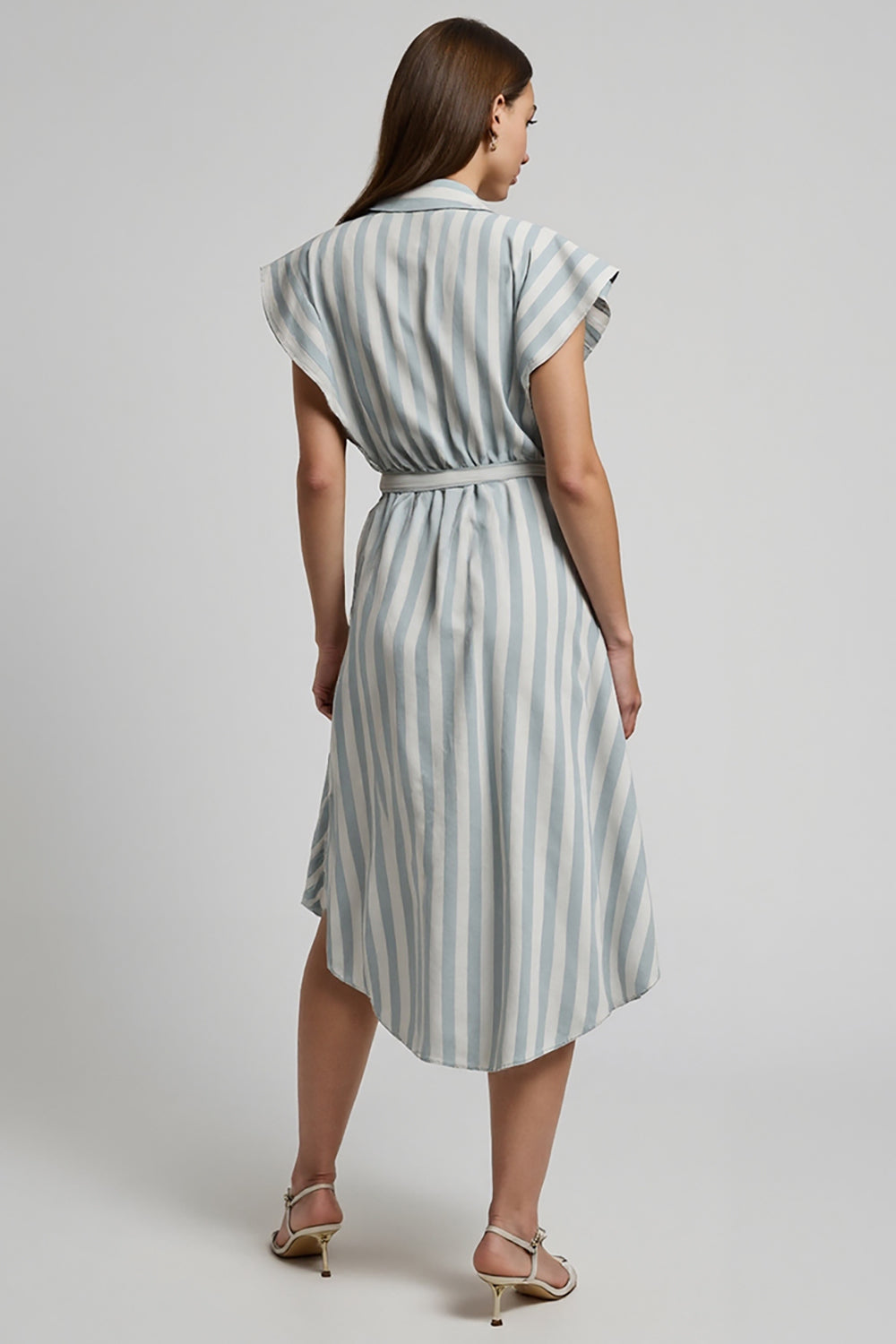 Light Blue Cap Sleeves Midi Striped Work Dress with Sash
