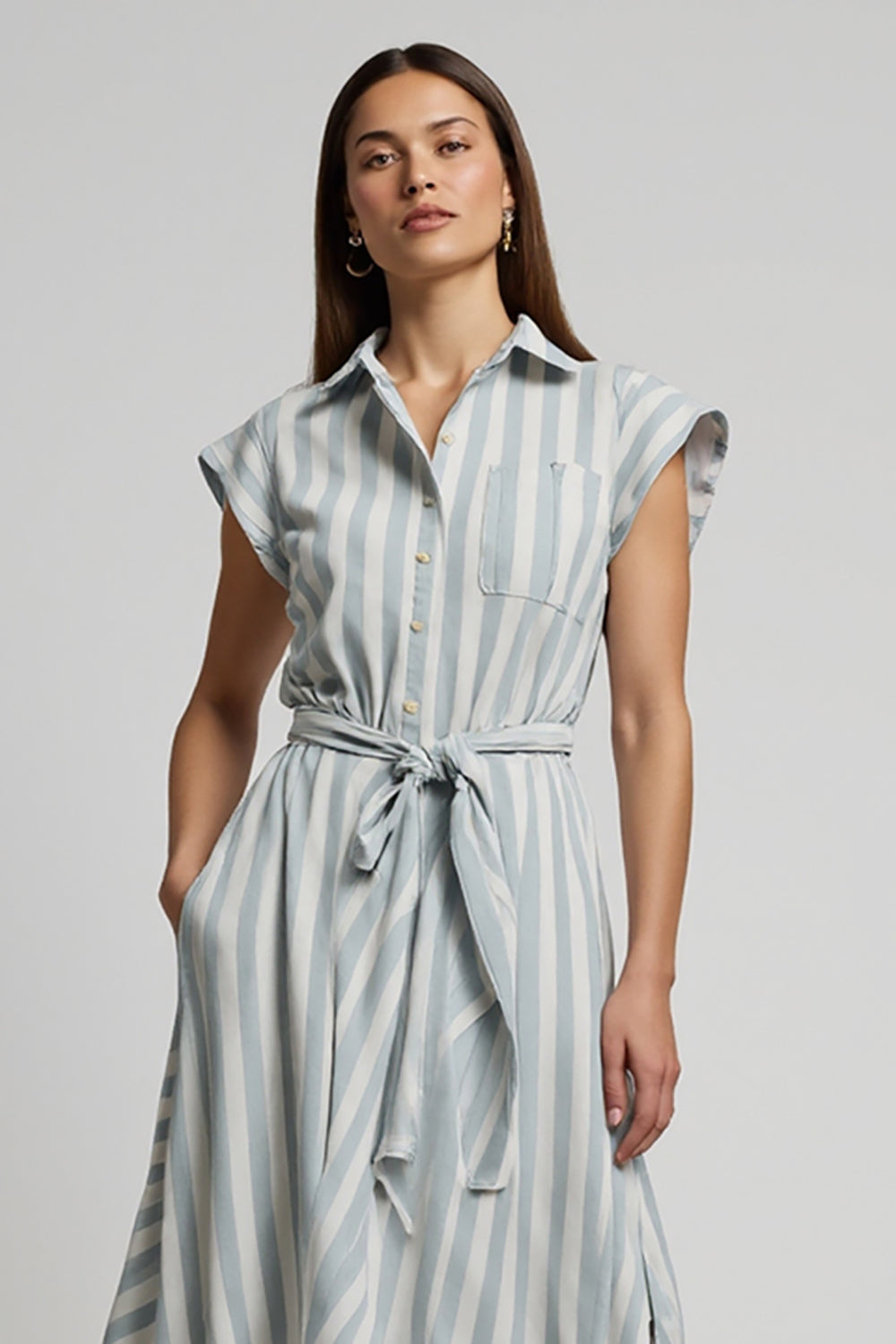 Light Blue Cap Sleeves Midi Striped Work Dress with Sash