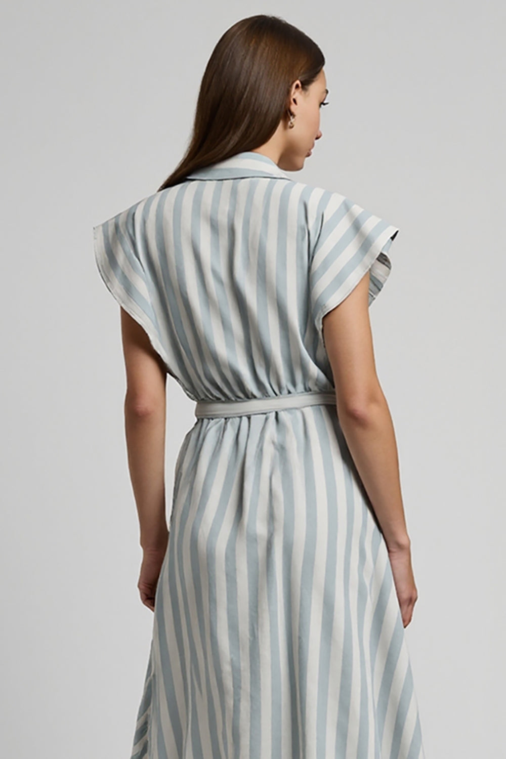 Light Blue Cap Sleeves Midi Striped Work Dress with Sash