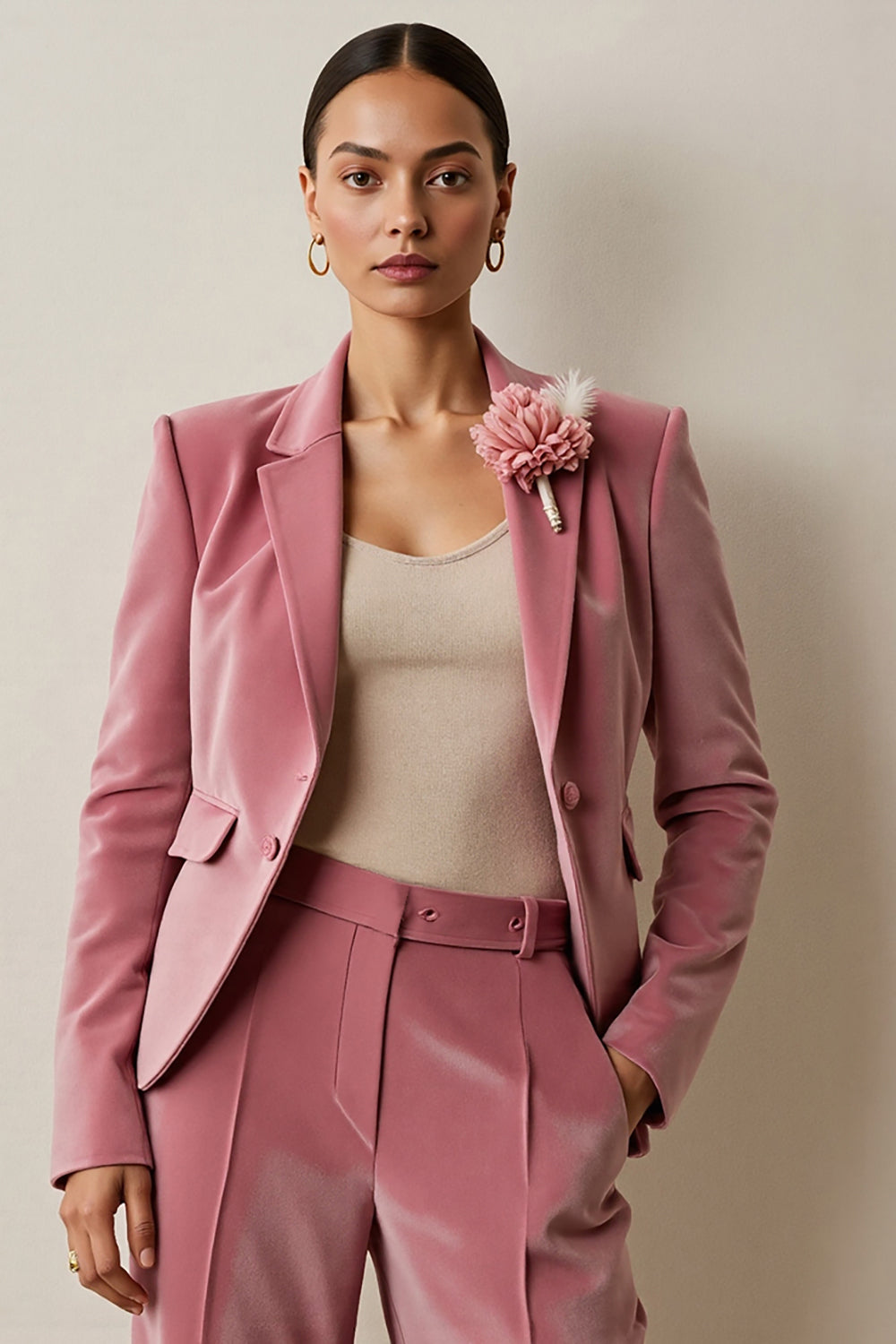 Floral Grey Pink  Notched Lapel 2 Piece Velvet Business Suits with Pockets