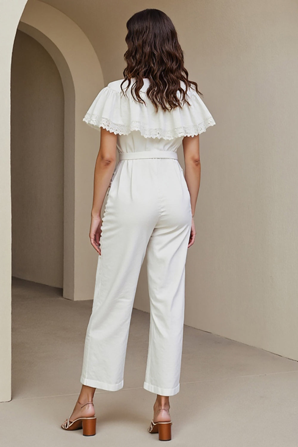 Simple White Round Neck Work Jumpsuits with Lace