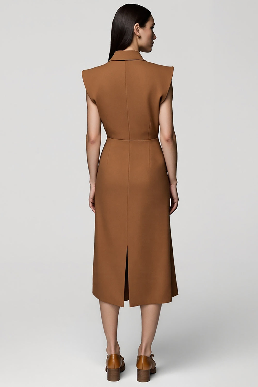 Brown Double Breasted Notched Lapel Midi Work Blazer Dress with Slit