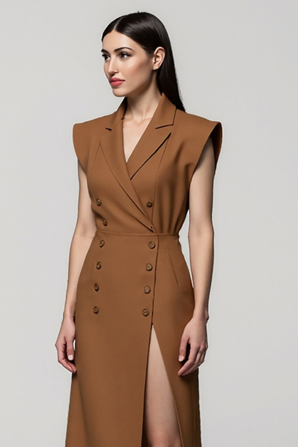 Brown Double Breasted Notched Lapel Midi Work Blazer Dress with Slit