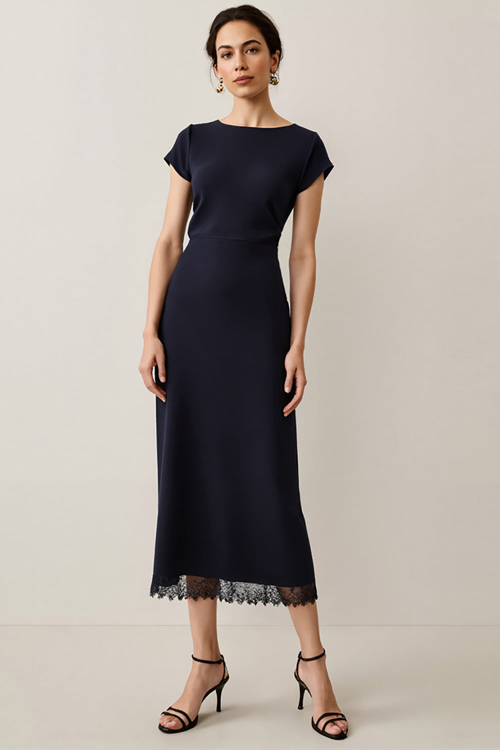 Navy Pencil Short Sleeves Maxi Satin Work Dress with Lace