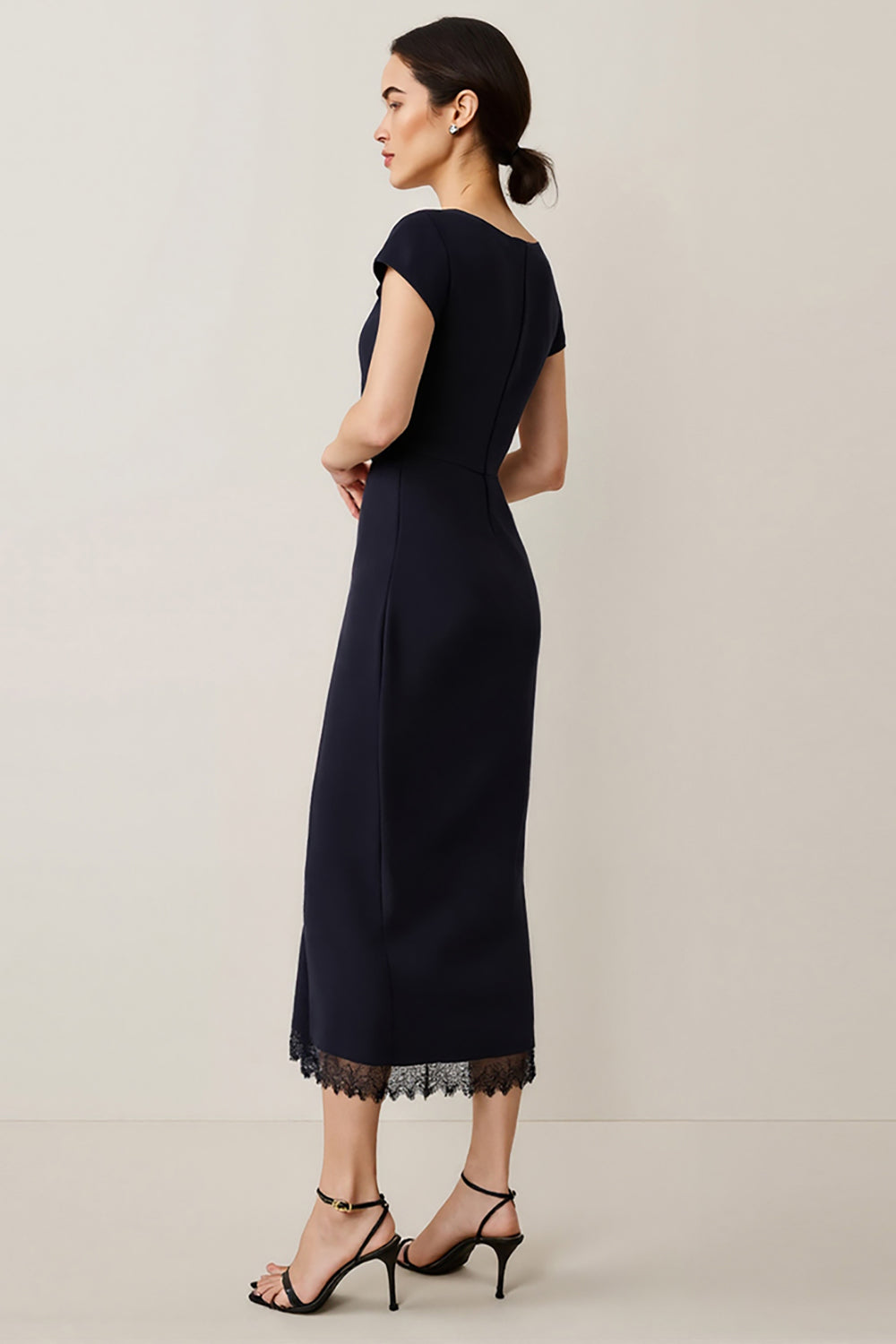 Navy Pencil Short Sleeves Maxi Satin Work Dress with Lace