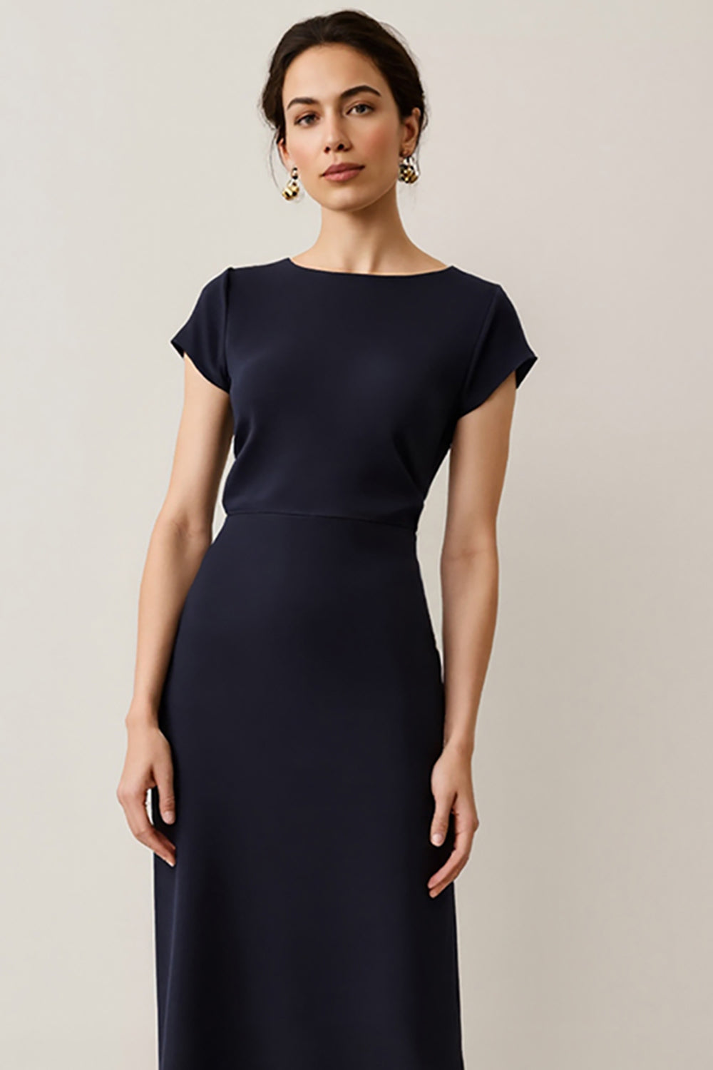 Navy Pencil Short Sleeves Maxi Satin Work Dress with Lace