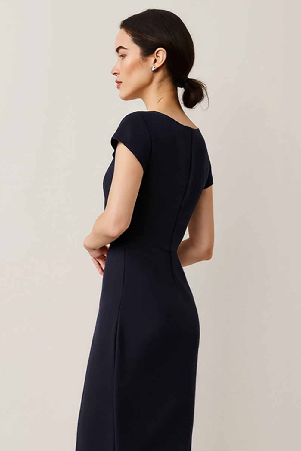 Navy Pencil Short Sleeves Maxi Satin Work Dress with Lace