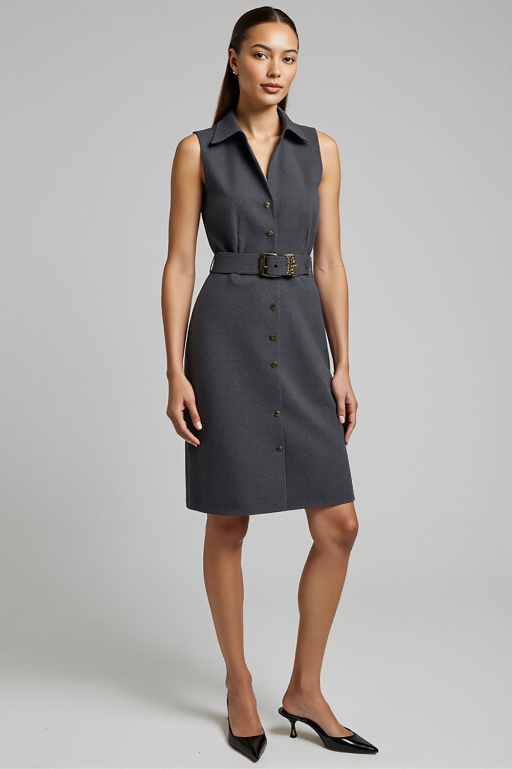 Dark Grey Single Breasted Pencil Short Work Blazer Dress with Belt