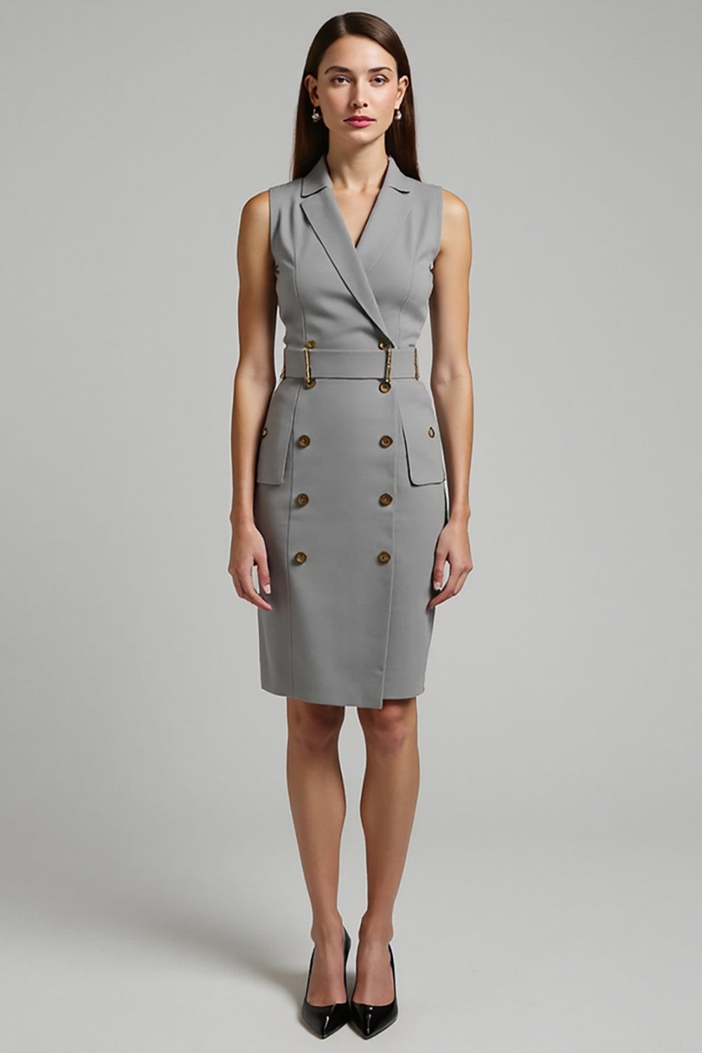 Grey Pencil Notched Lapel Short Work Blazer Dress with Belt
