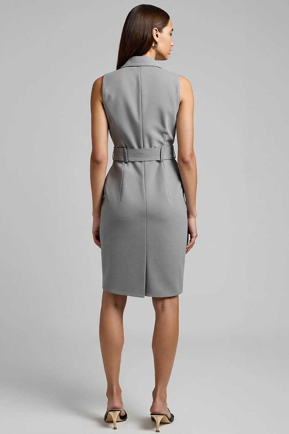 Grey Pencil Notched Lapel Short Work Blazer Dress with Belt