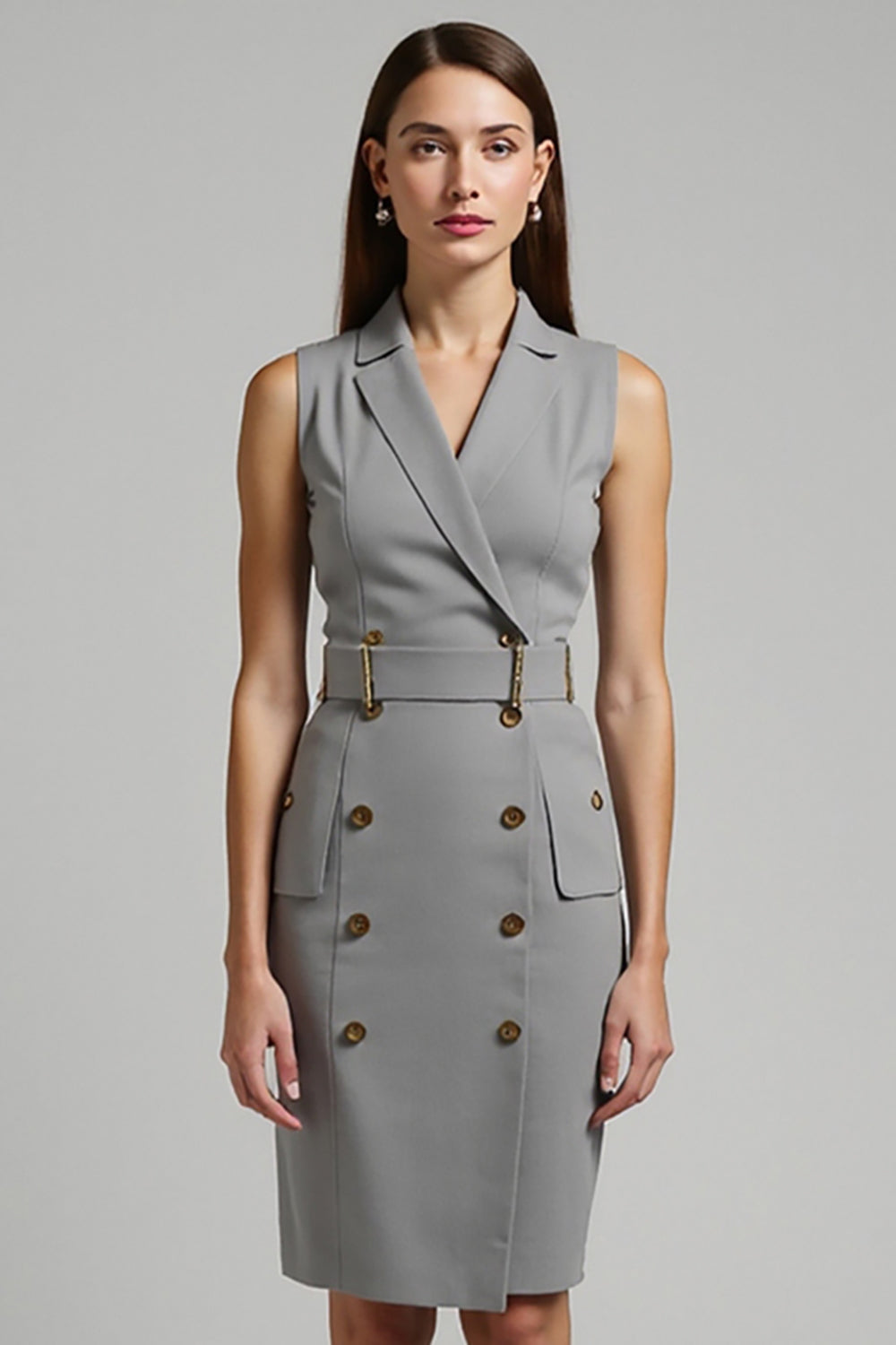 Grey Pencil Notched Lapel Short Work Blazer Dress with Belt