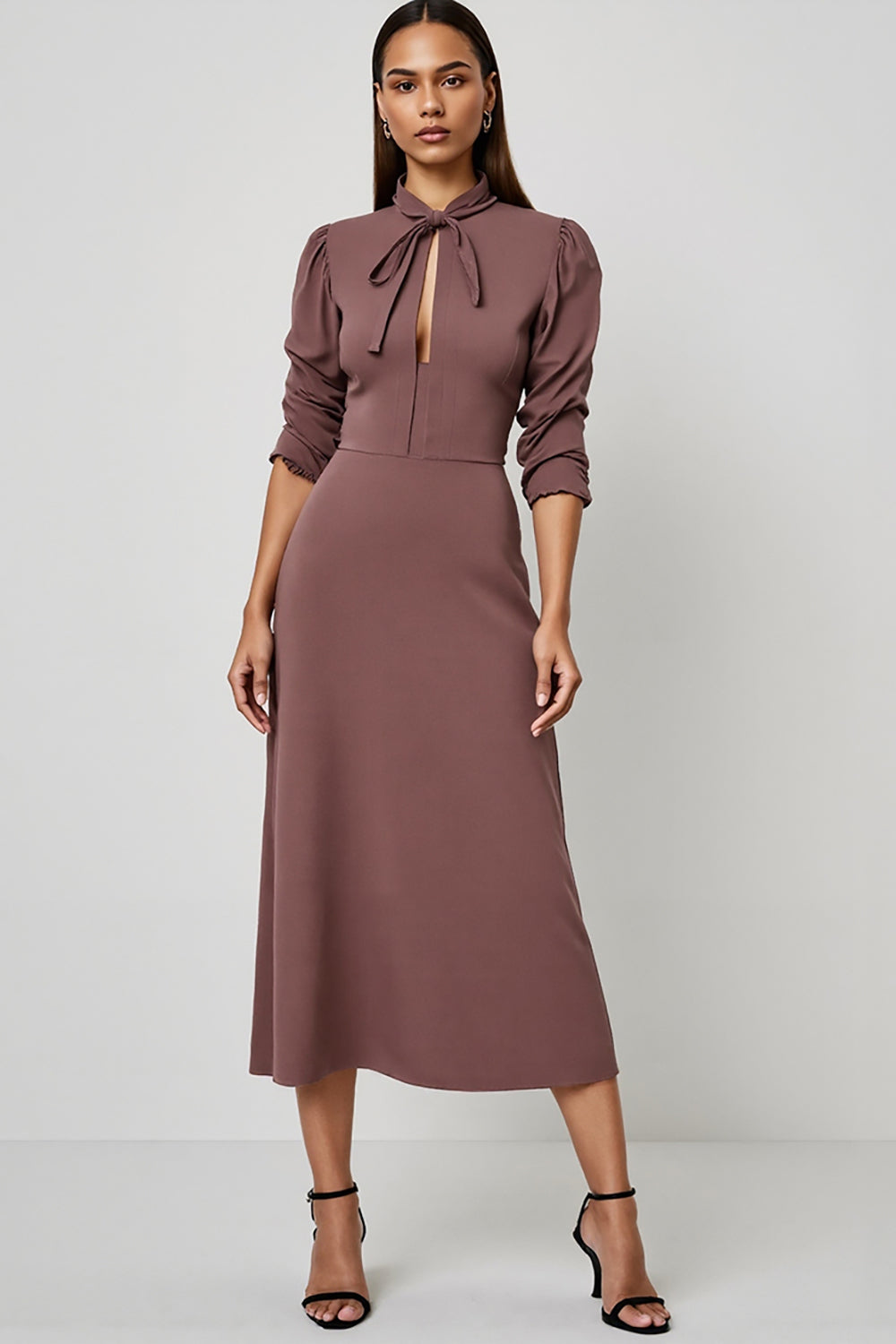 Grey Purple Pencil Long Sleeves Work Dress with Sash