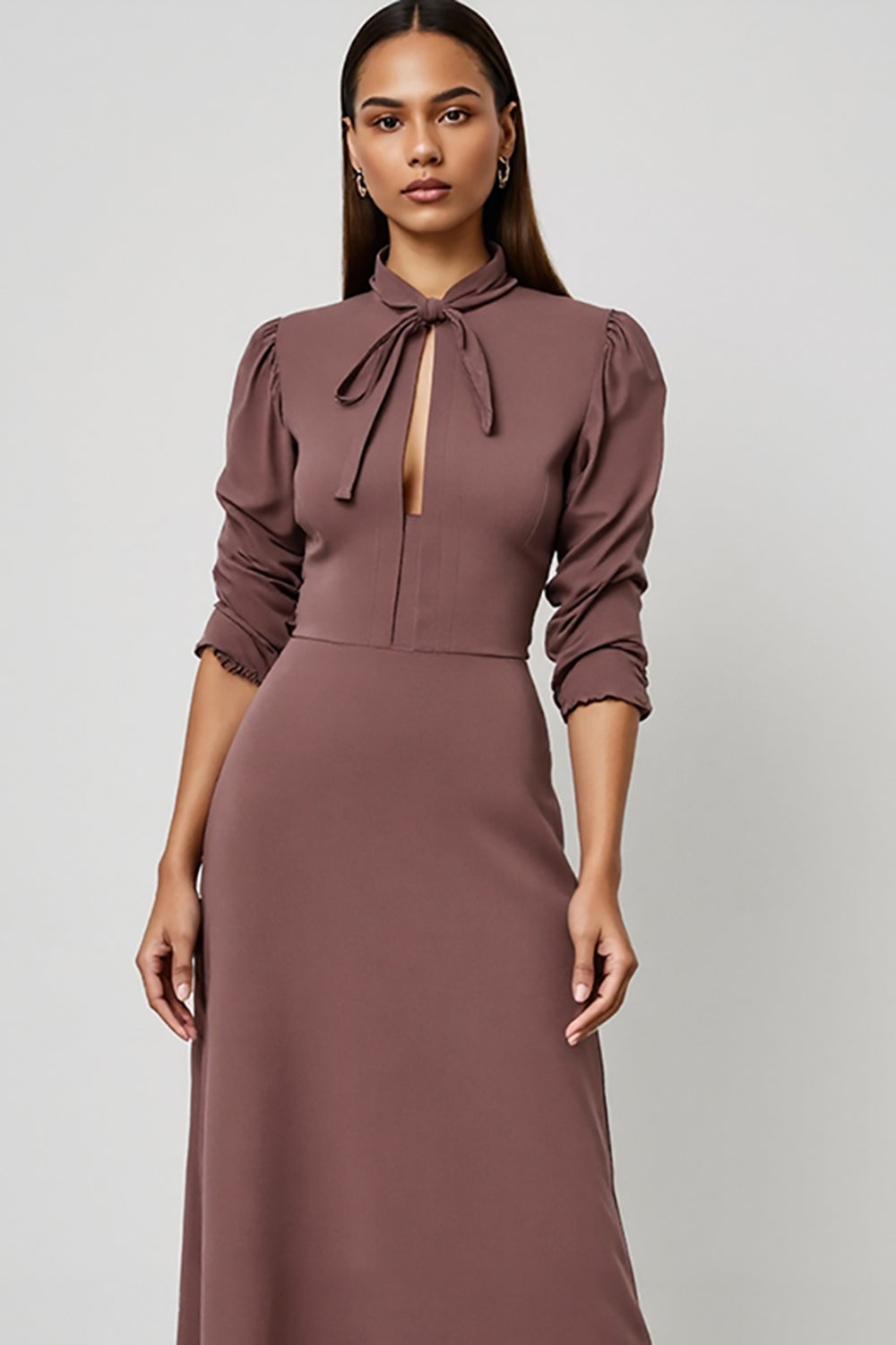 Grey Purple Pencil Long Sleeves Work Dress with Sash