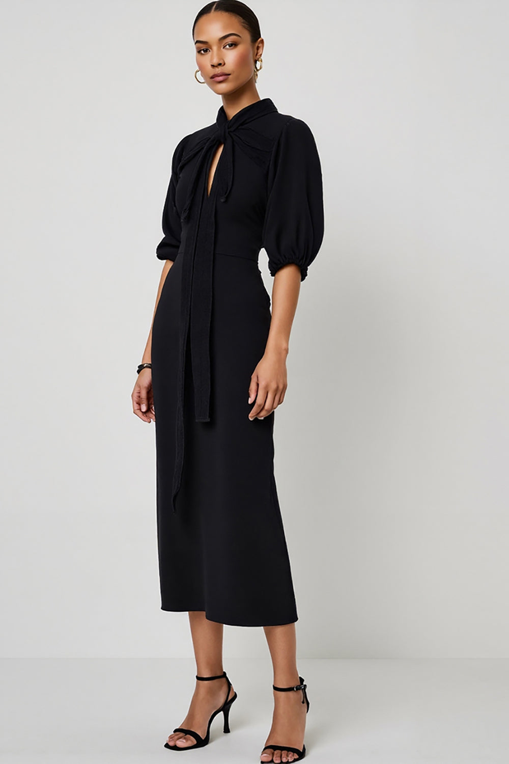 Black Pencil Keyhole Half Sleeves Maxi Work Dress