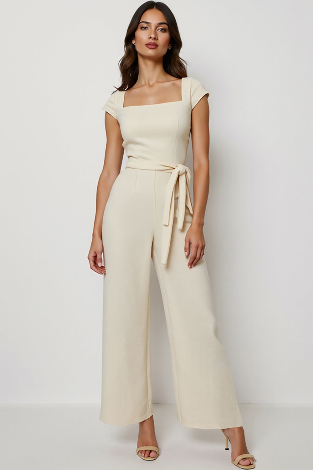 Apricot Short Sleeves Square Neck Work Jumpsuits with Sash