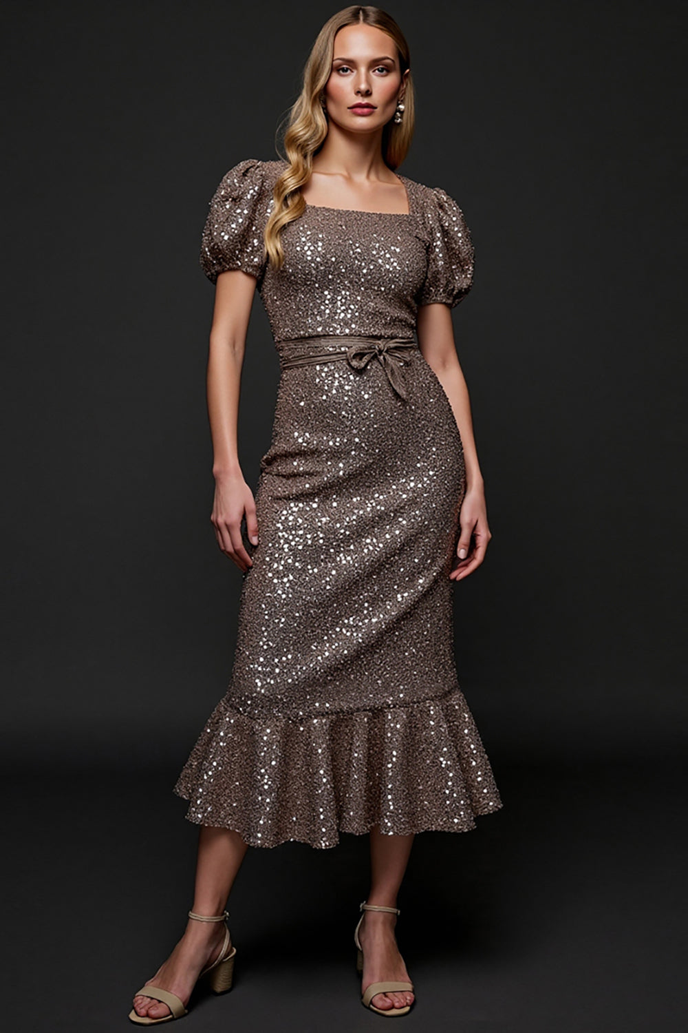 Sparkly Dark Grey Sequins Midi Holiday Party Dress with Sash