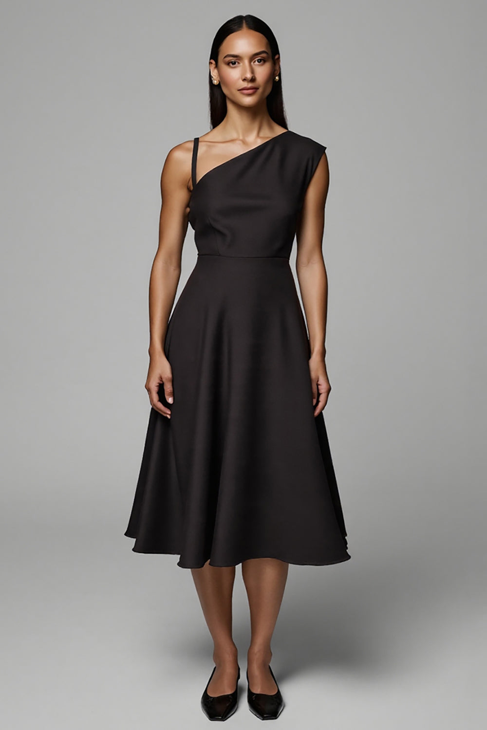 Black A Line One Shoulder Midi Satin Work Dress