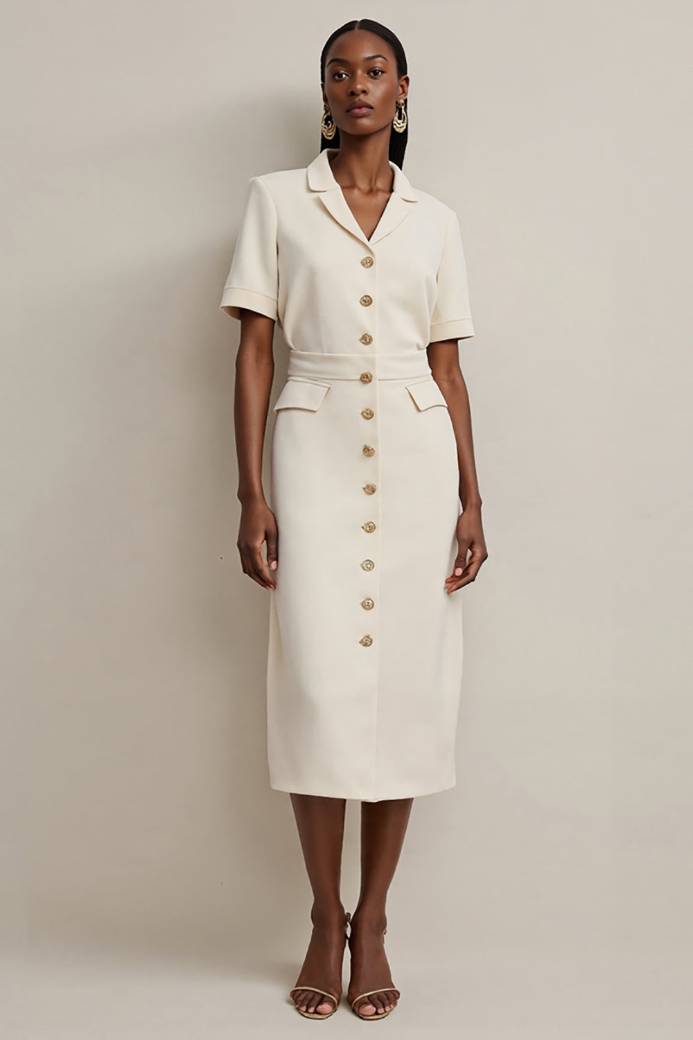 Ivory Notched Lapel Single Breasted Pencil Midi Blazer Dress with Pockets
