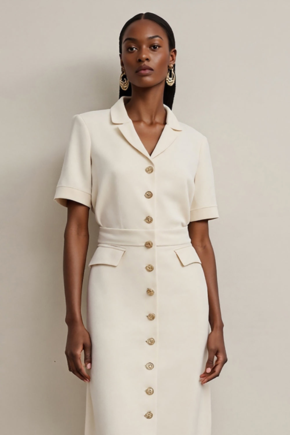 Ivory Notched Lapel Single Breasted Pencil Midi Blazer Dress with Pockets