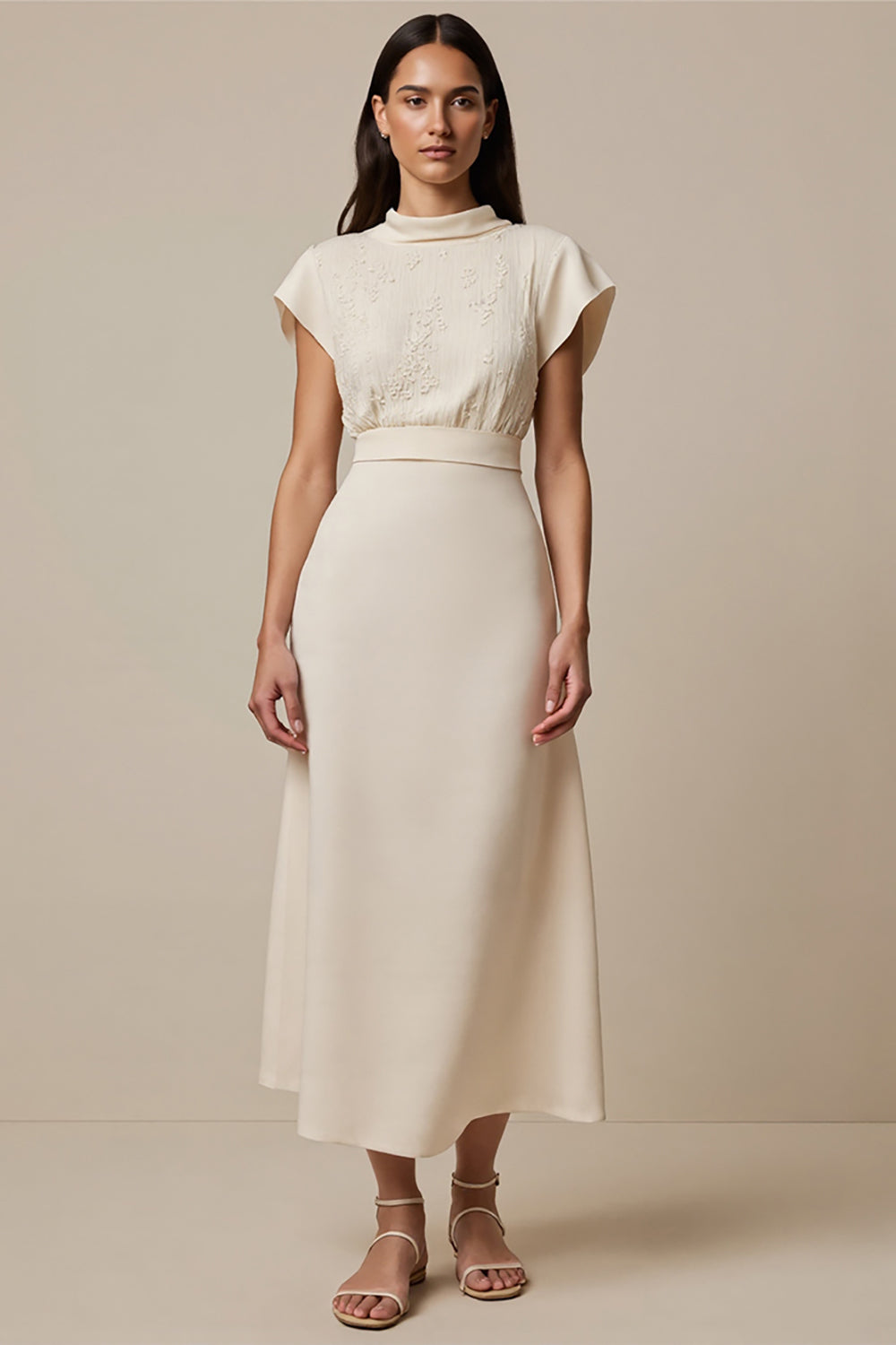 Ivory A Line High Neck Maxi Work Dress with Short Sleeves