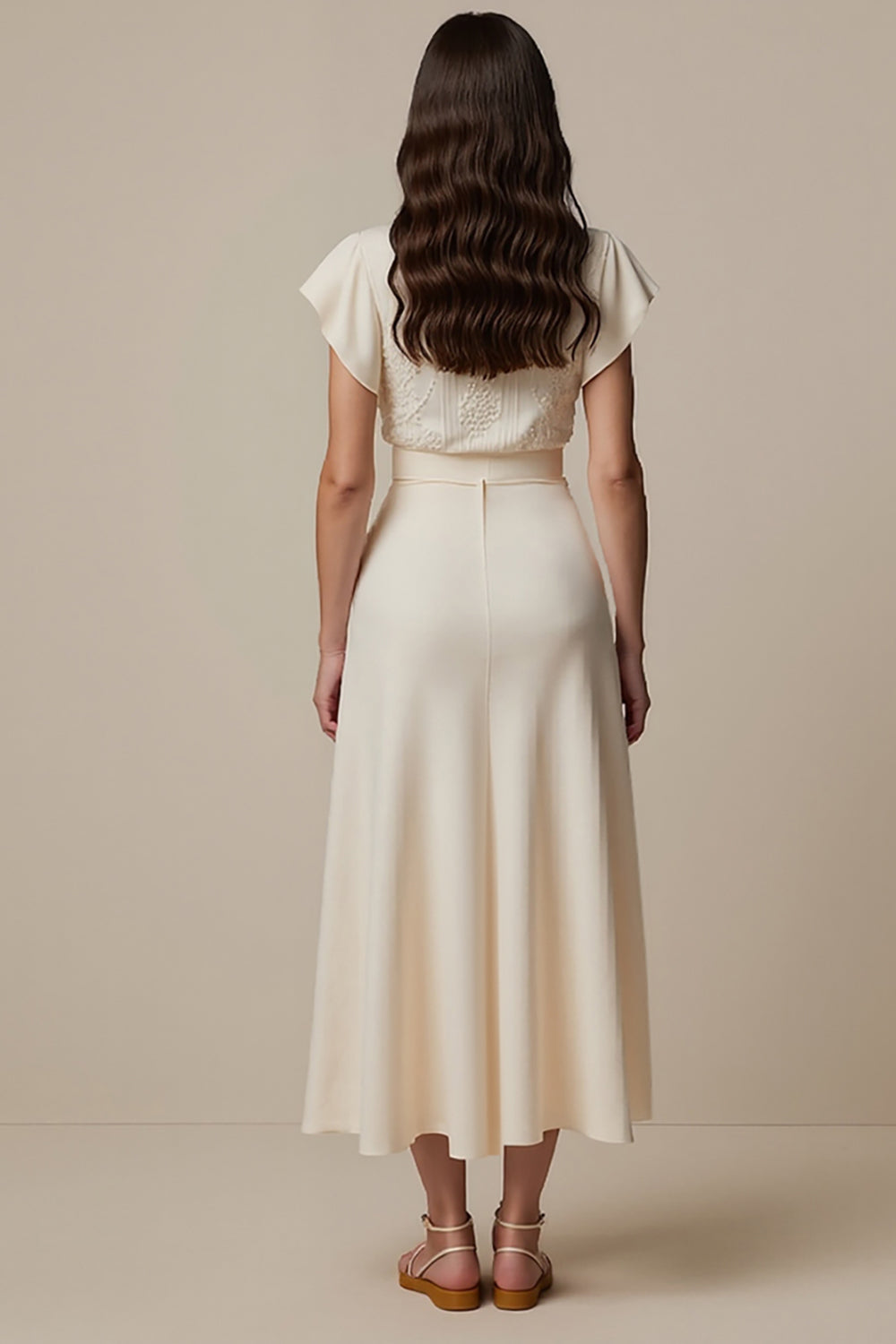 Ivory A Line High Neck Maxi Work Dress with Short Sleeves