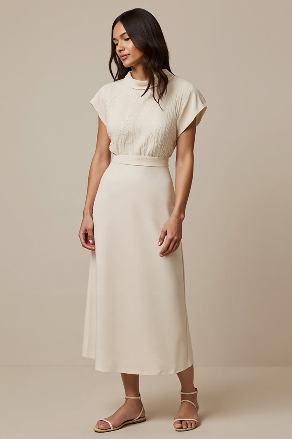 Ivory A Line High Neck Maxi Work Dress with Short Sleeves