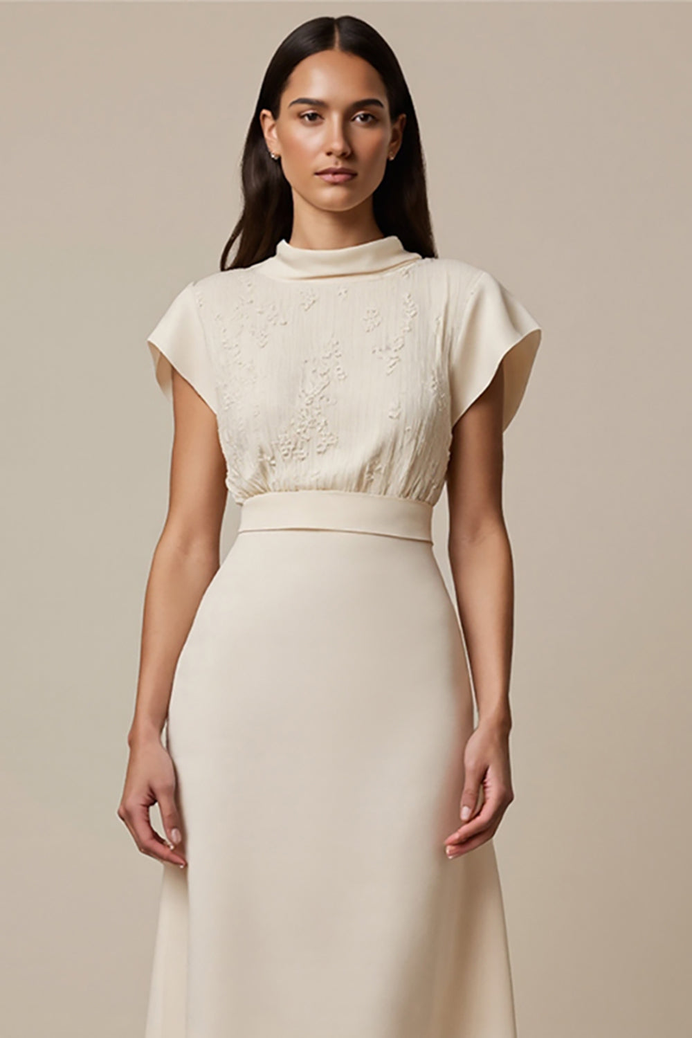 Ivory A Line High Neck Maxi Work Dress with Short Sleeves