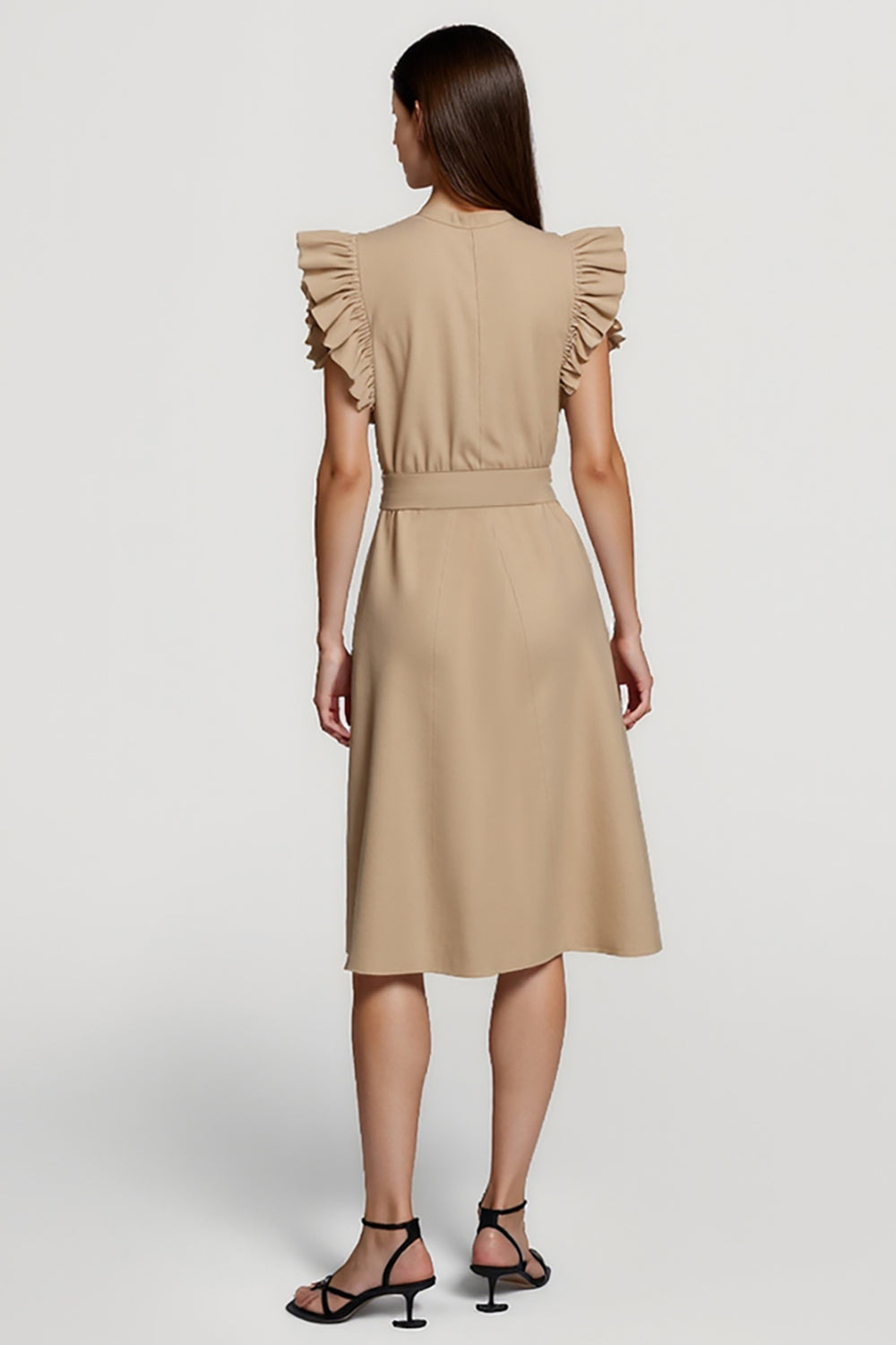 Khaki A Line Ruffled Midi Work Dress with Sash