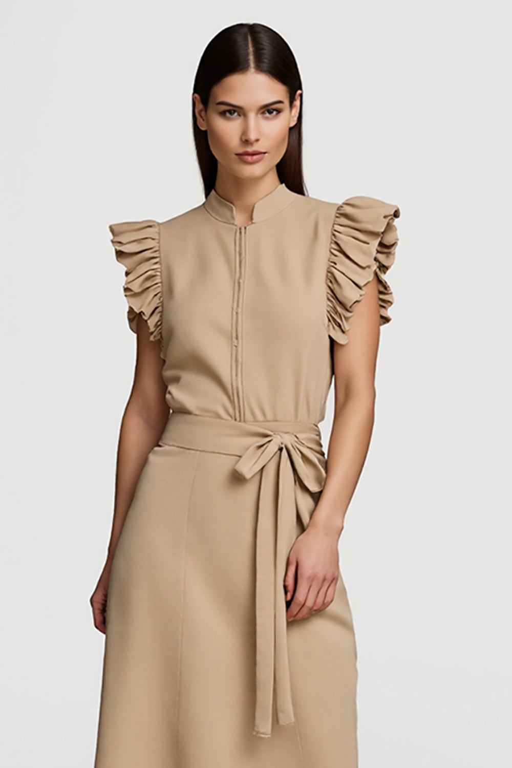 Khaki A Line Ruffled Midi Work Dress with Sash