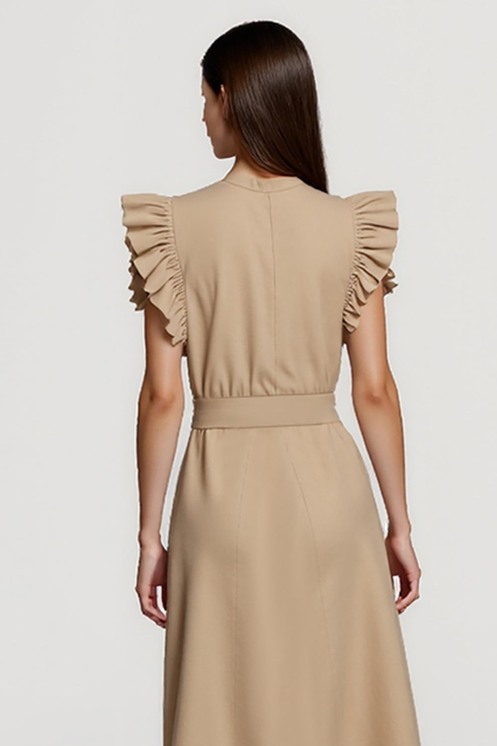 Khaki A Line Ruffled Midi Work Dress with Sash