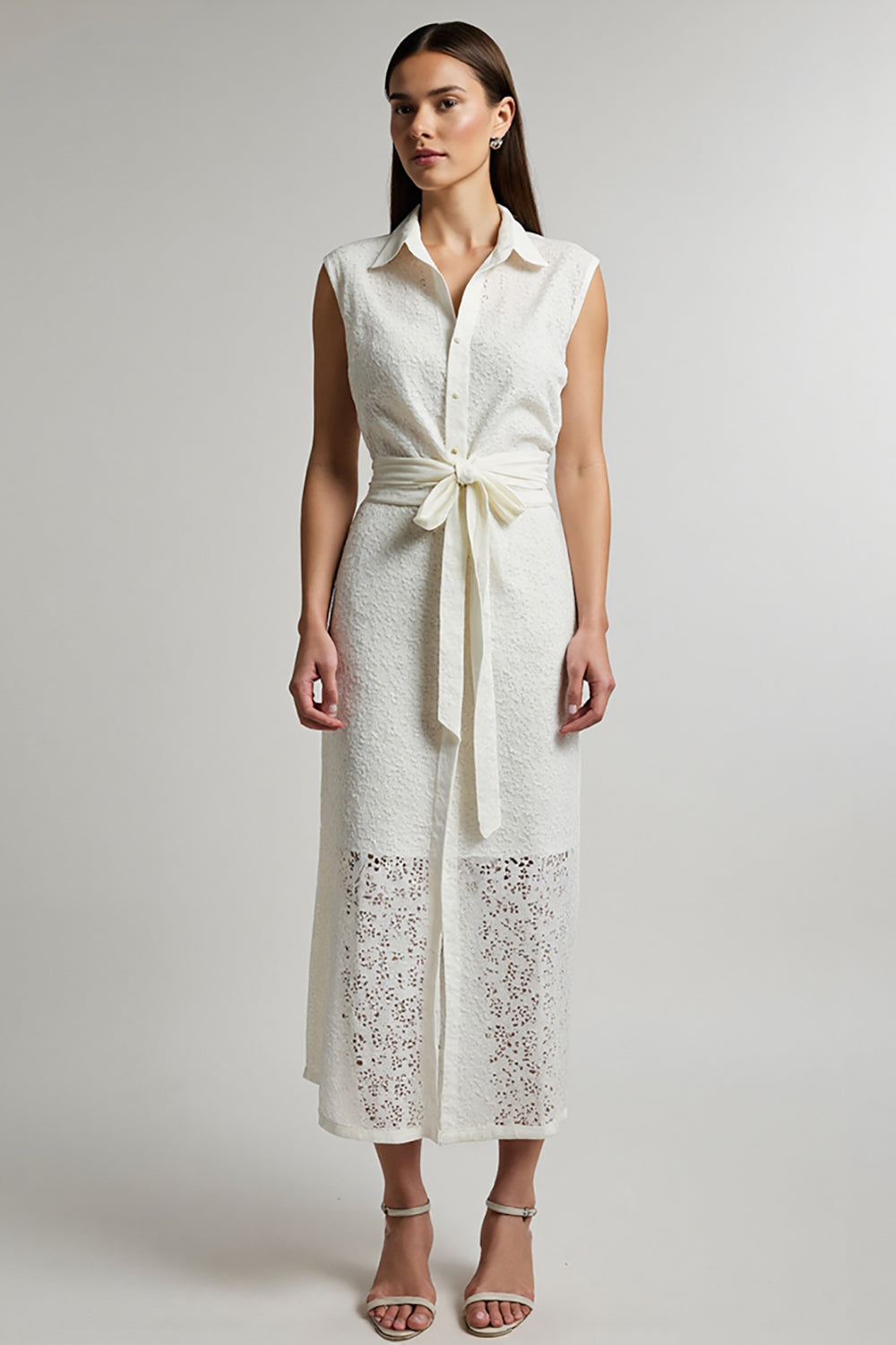 Ivory Sheath Collar Maxi Shirt Work Dress with Sash