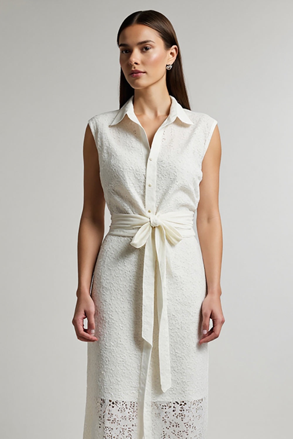 Ivory Sheath Collar Maxi Shirt Work Dress with Sash