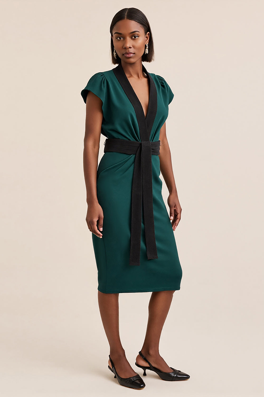 Dark Green V-Neck Midi Pencil Work Dress with Sash