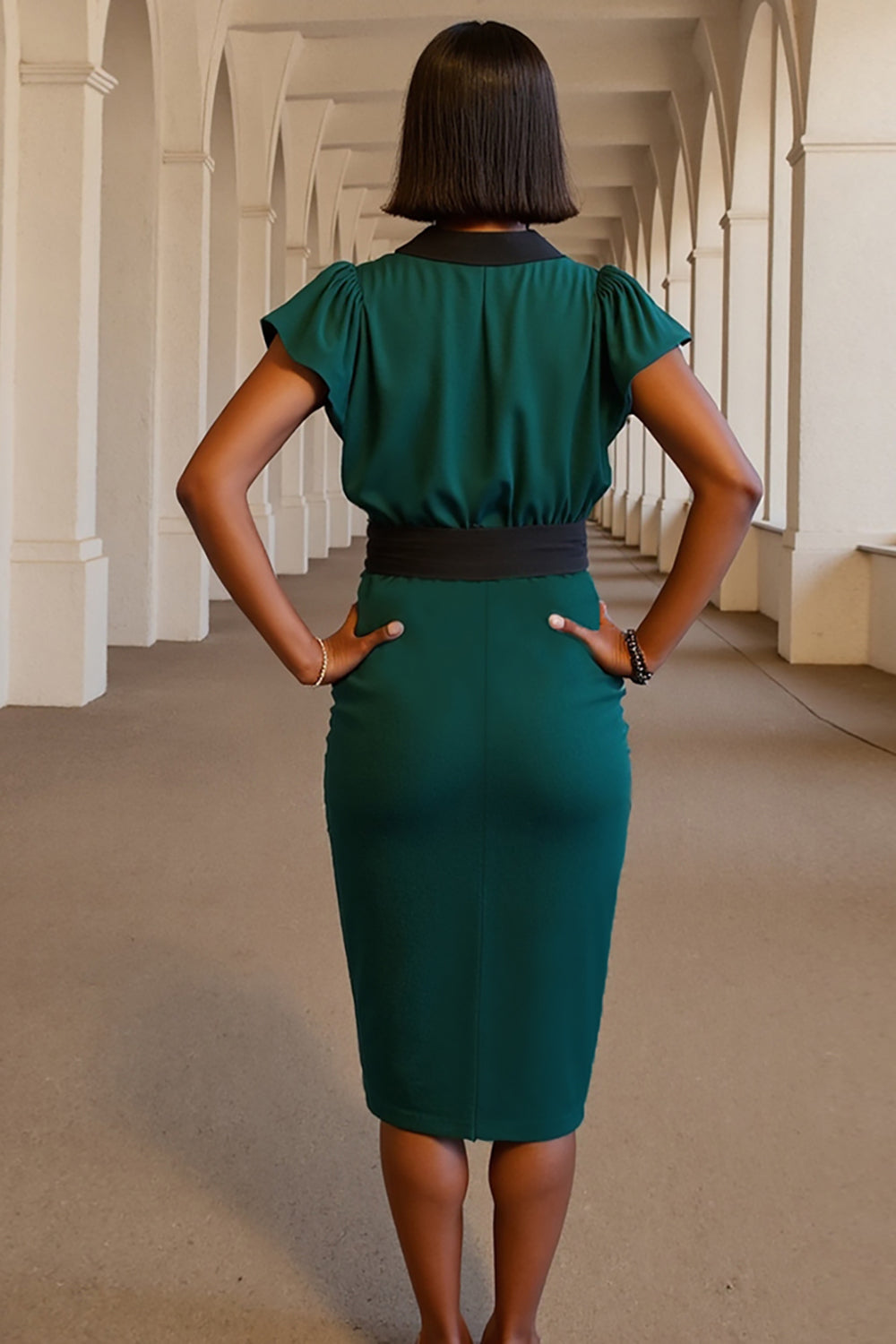Dark Green V-Neck Midi Pencil Work Dress with Sash