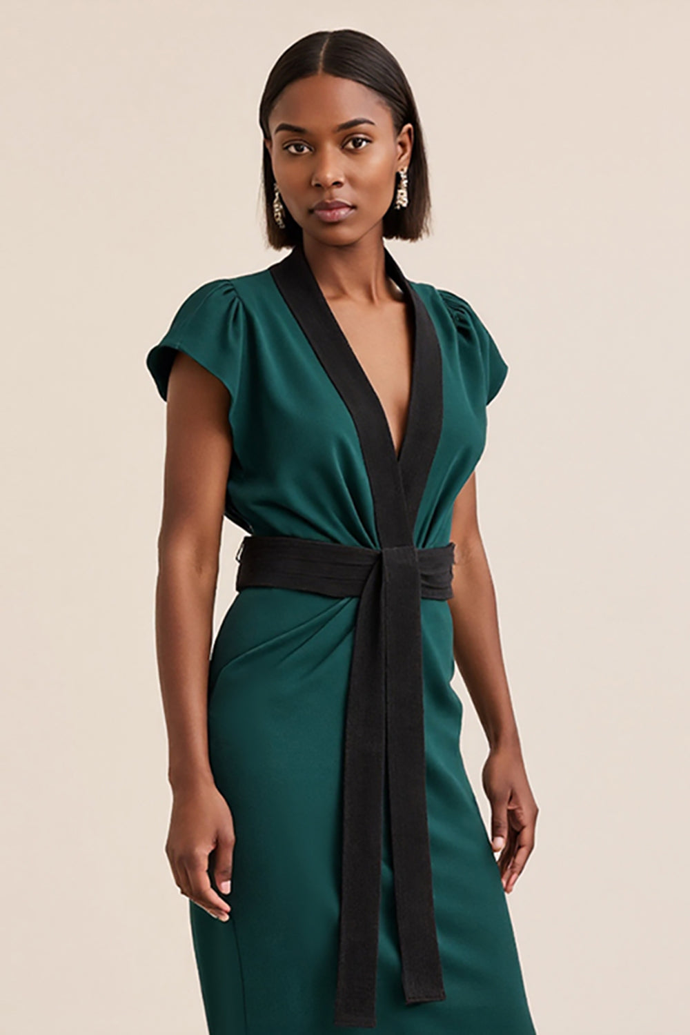 Dark Green V-Neck Midi Pencil Work Dress with Sash
