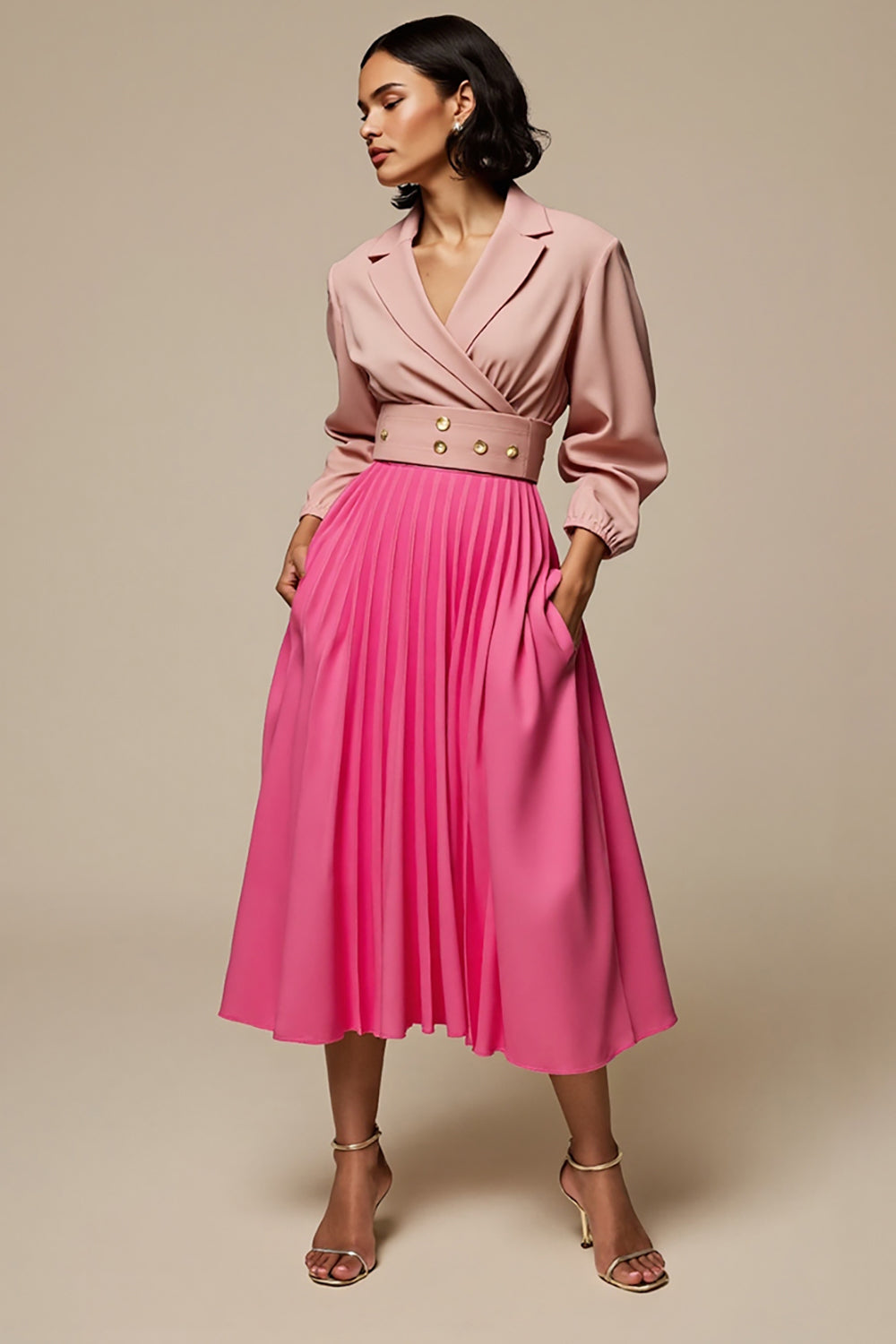 2 Piece Fuchsia Notched Lapel Blouses and Skirt with Pockets