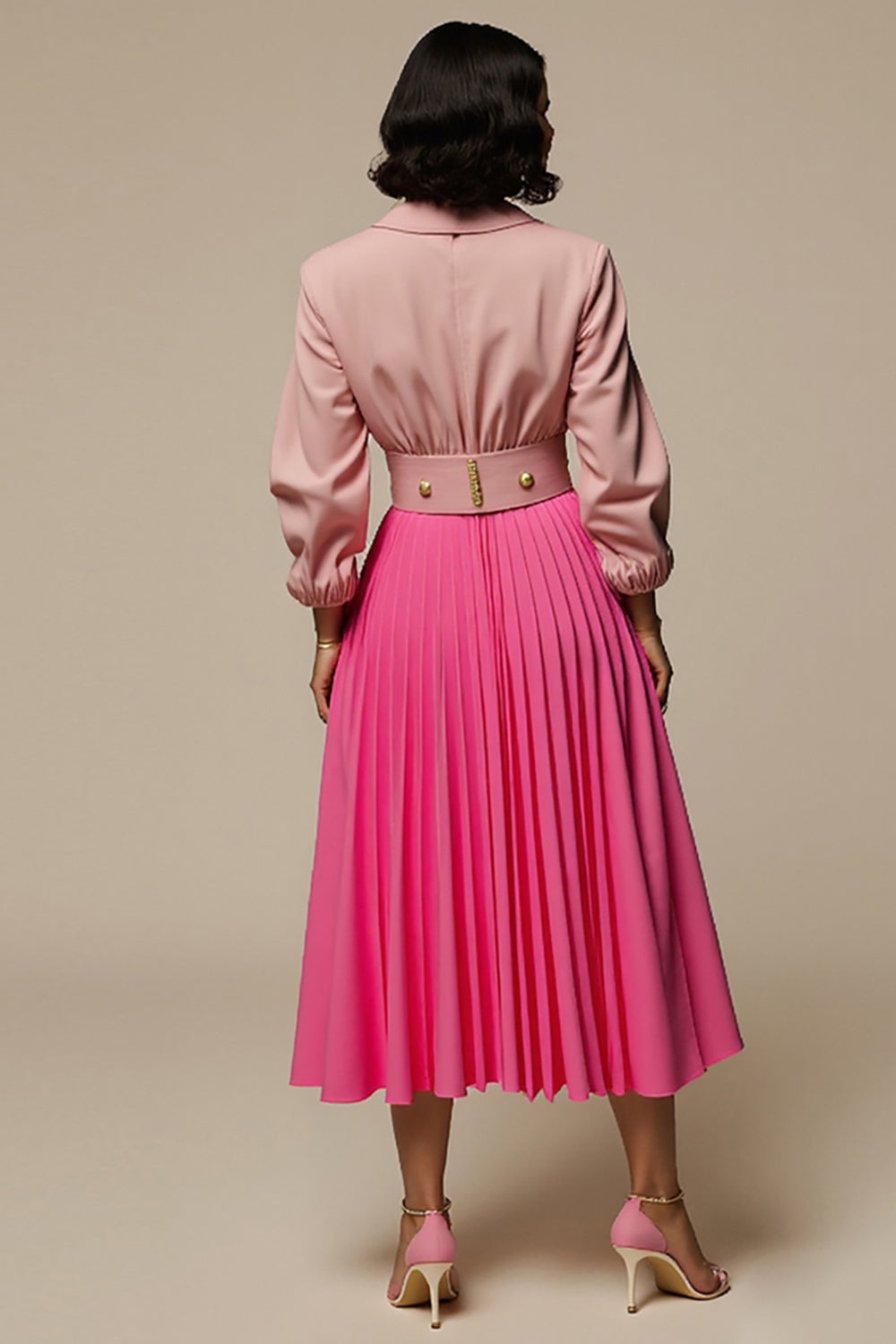 2 Piece Fuchsia Notched Lapel Blouses and Skirt with Pockets