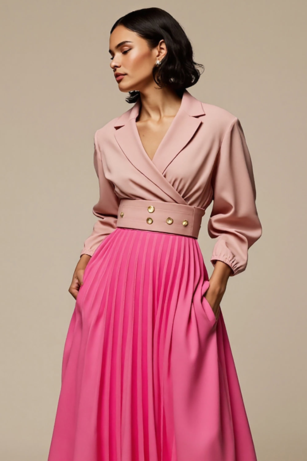 2 Piece Fuchsia Notched Lapel Blouses and Skirt with Pockets