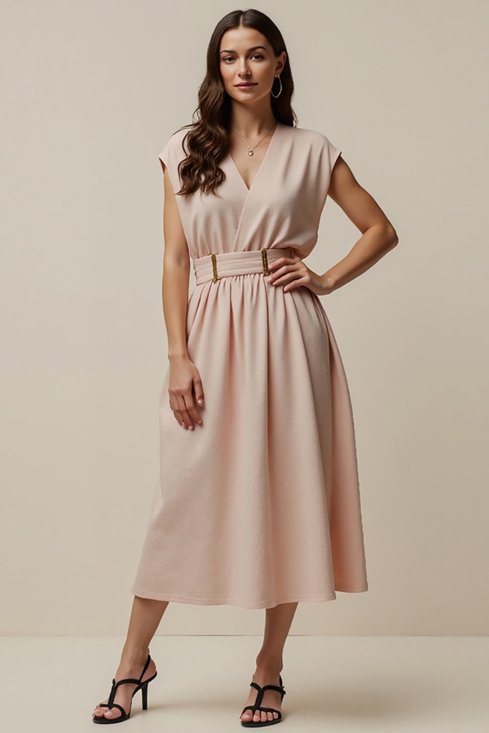 Simple Blush A Line V-Neck Maxi Work Dress with Belt